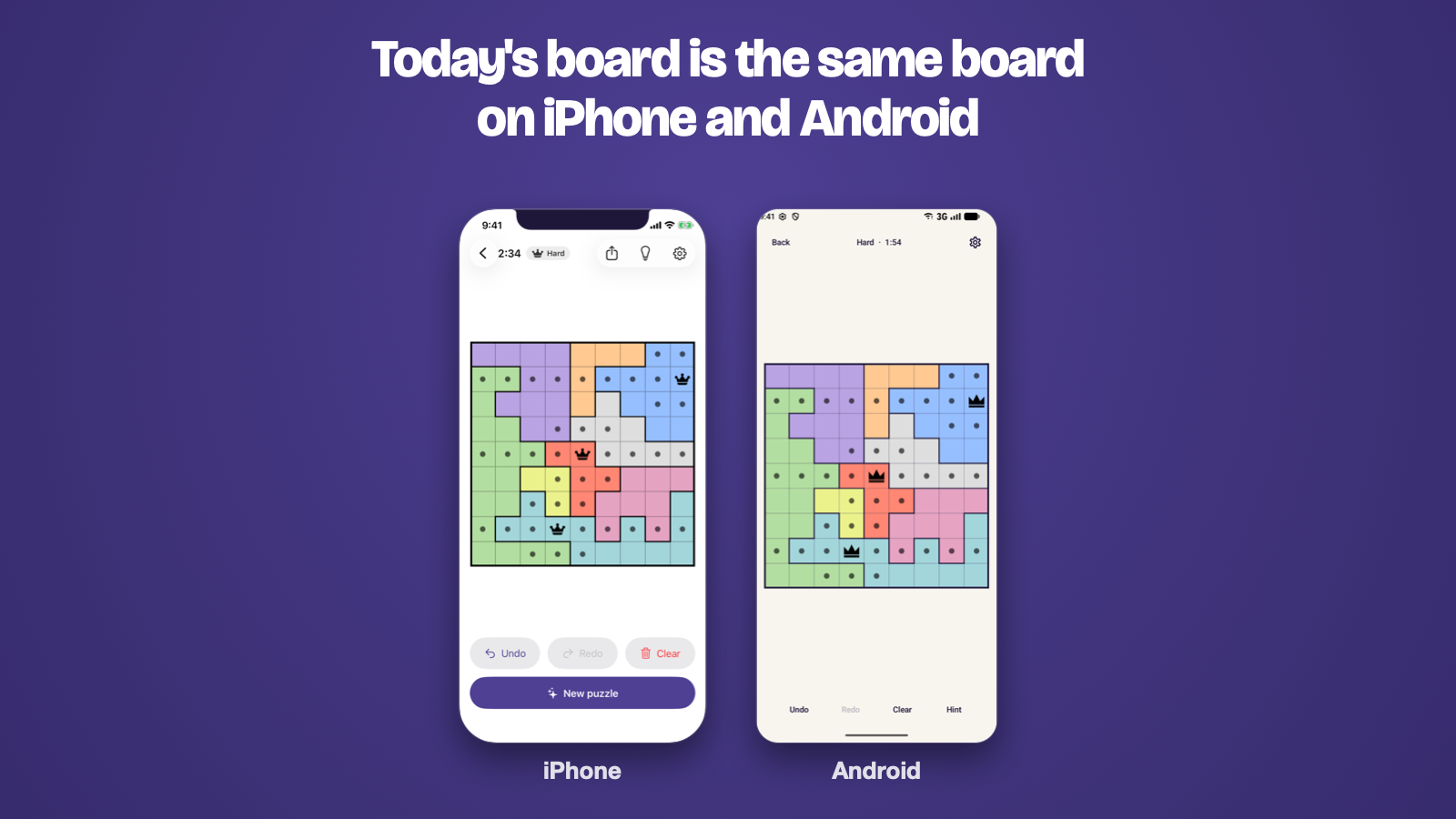 An iPhone and an Android phone side by side, both showing the same Stelline board: a 9 by 9 grid of coloured regions with three crowns placed and dots marking excluded cells.